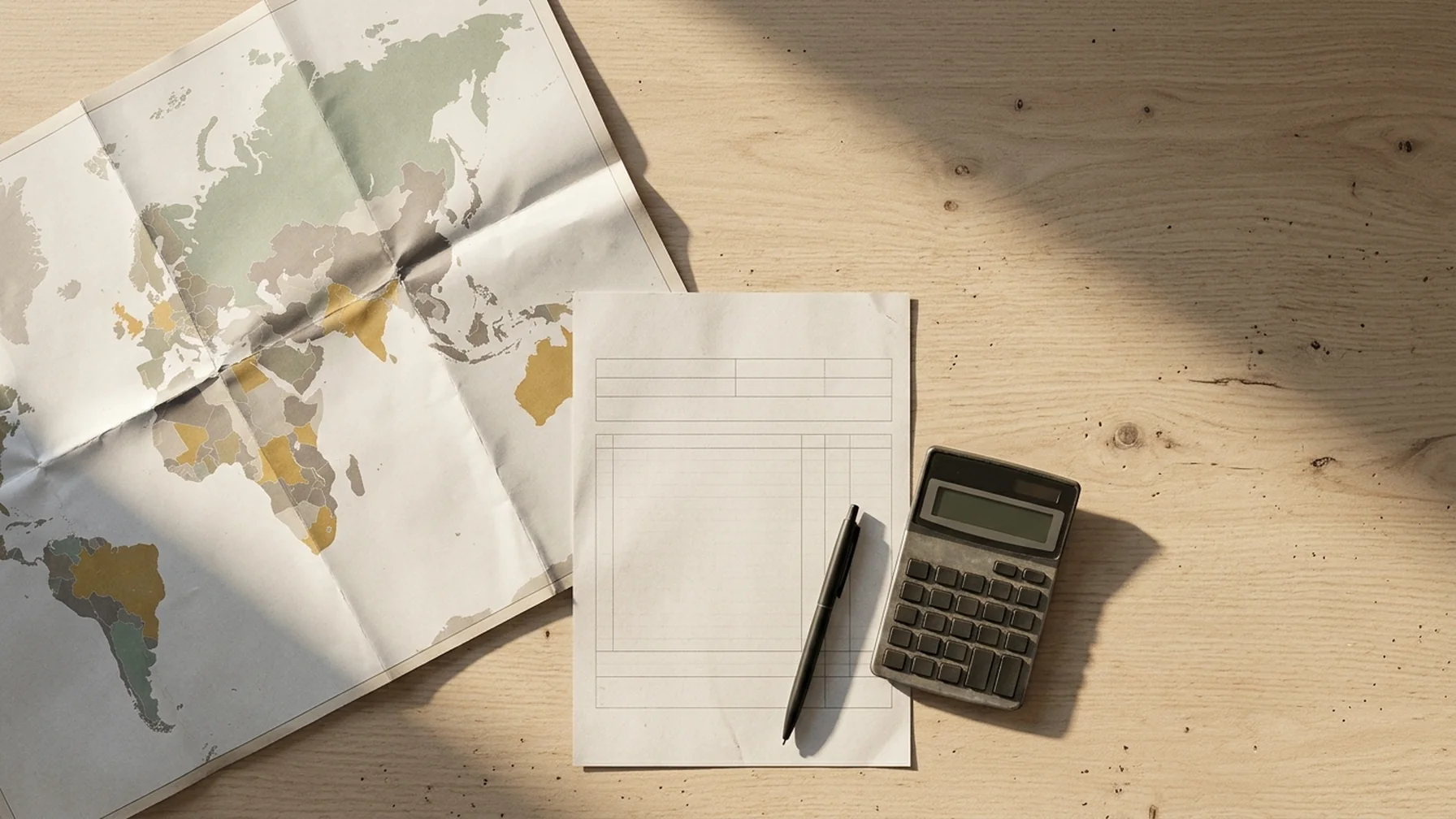 A desk with a world map, a printed transfer form, and a pen, lit by afternoon sun