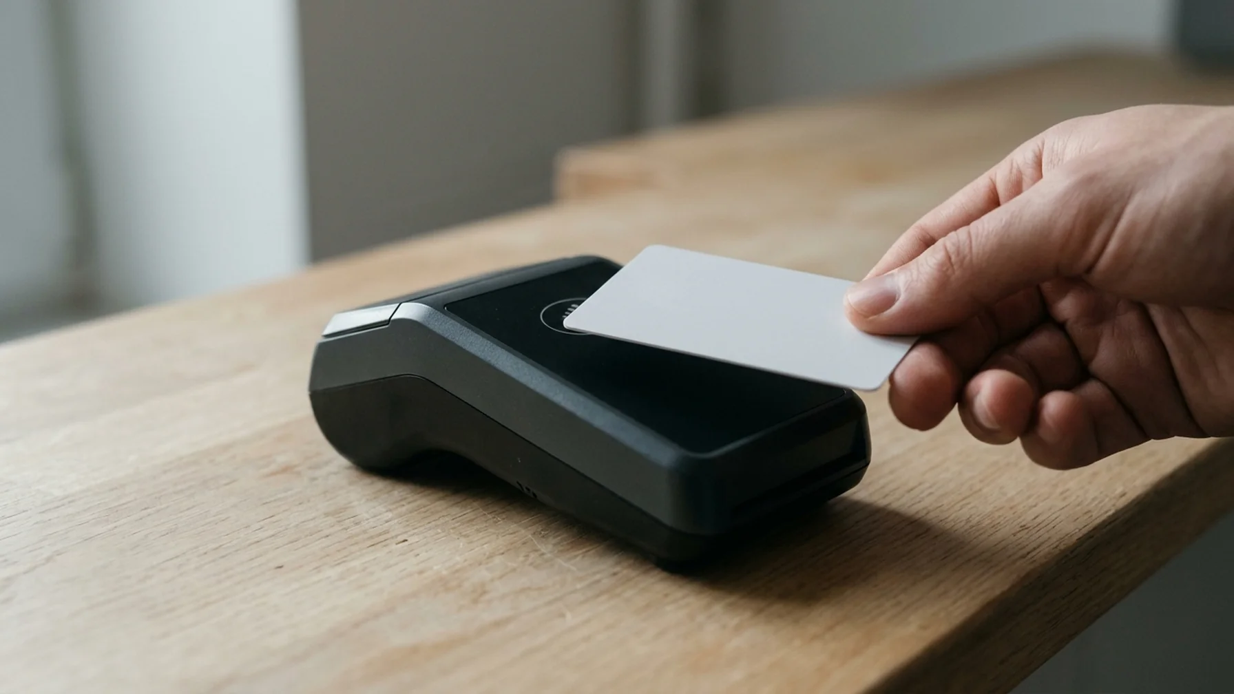 Close-up of a payment terminal on a counter, a card being tapped, soft daylight from a nearby window