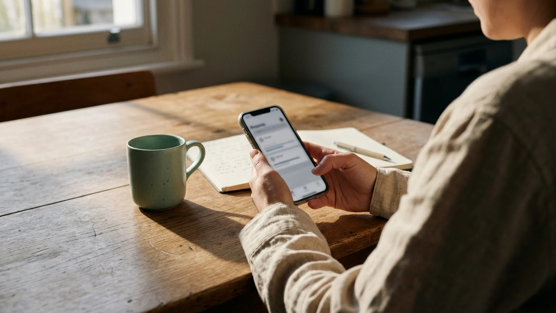 A person checking a banking app on a phone at a kitchen table, morning light across the surface