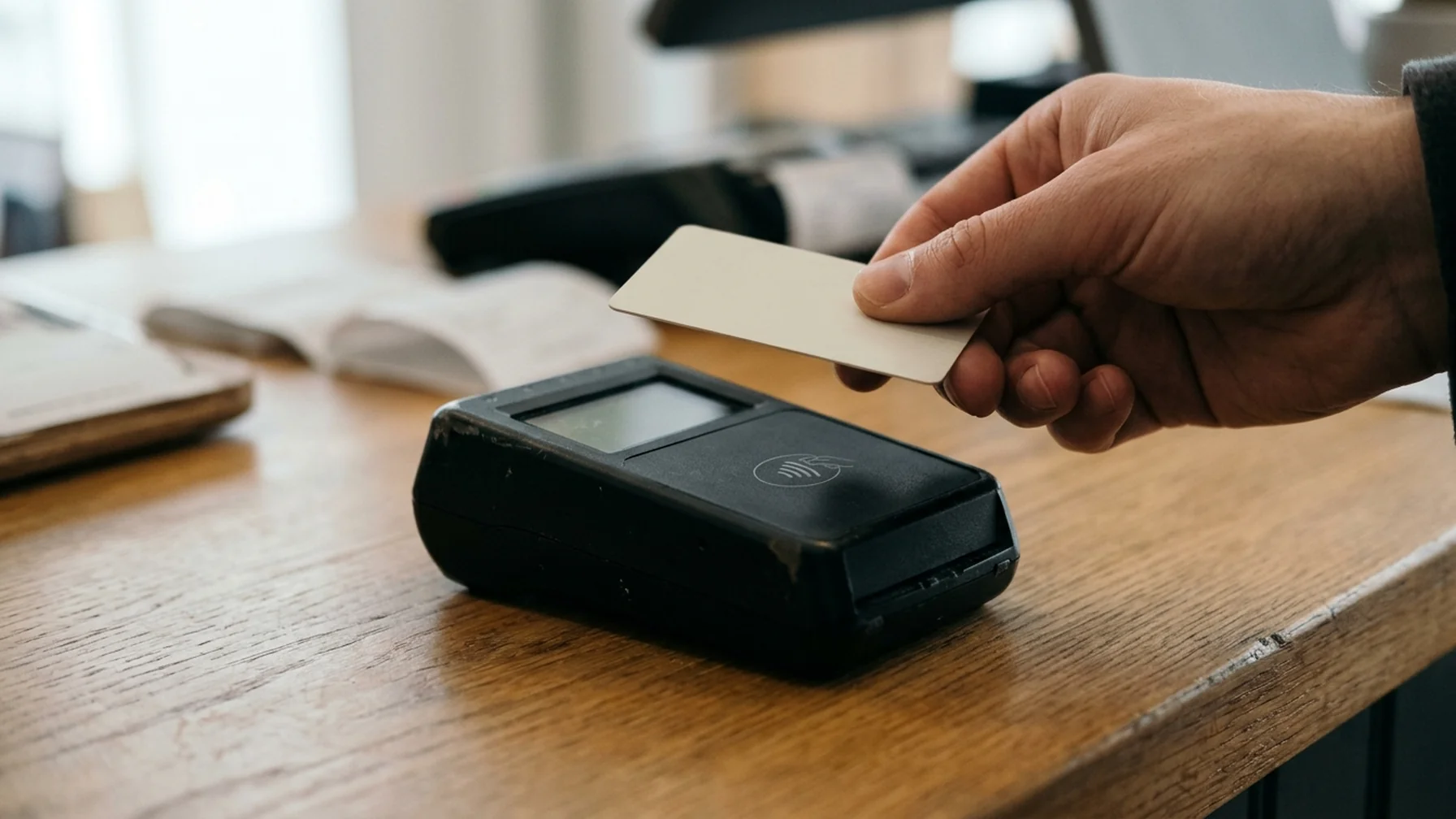 Close-up of a payment terminal on a wooden counter with a customer's hand tapping a card, soft daylight from a shop window