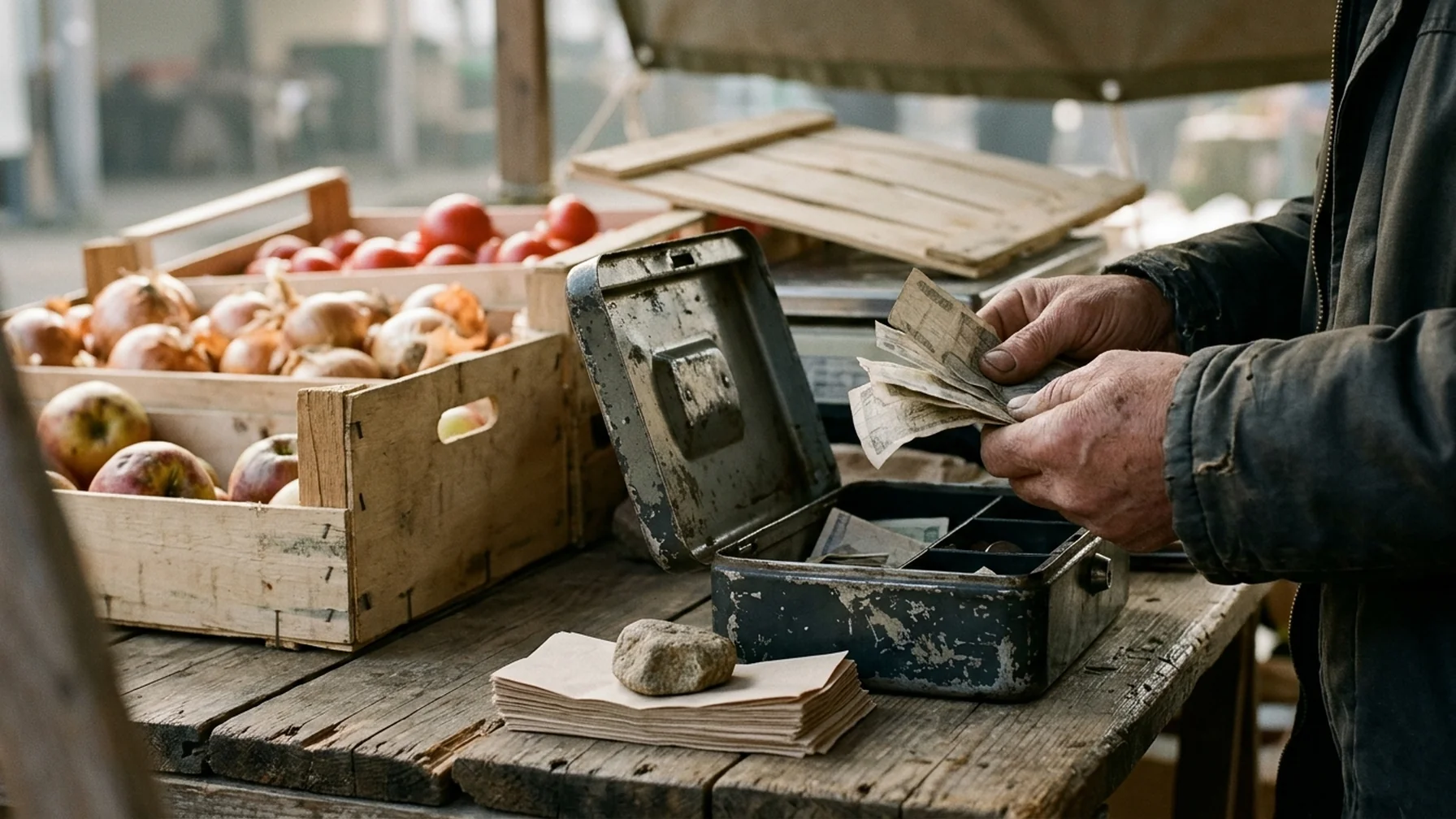 A market stall vendor counting cash into a worn metal box beside paper vouchers, morning light