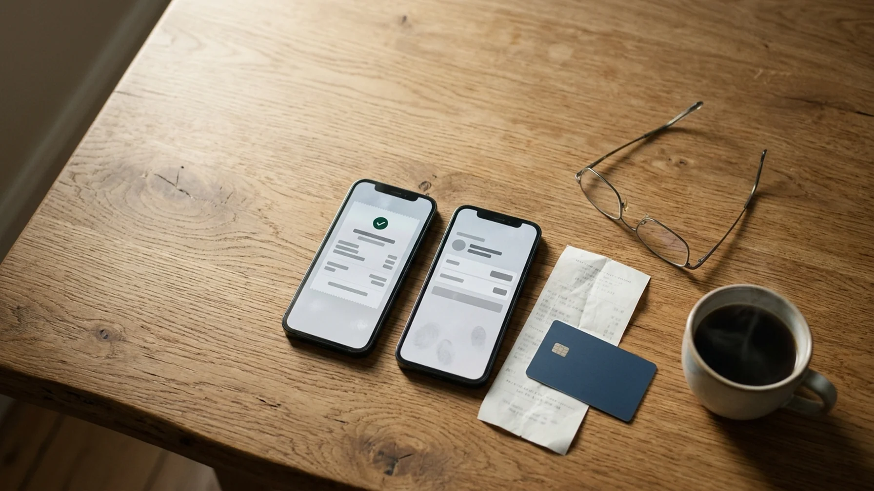 A person at a kitchen table comparing two phone screens, one showing a card payment receipt and the other a bank transfer confirmation, with a paper receipt and a bank card beside a coffee cup in daylight.