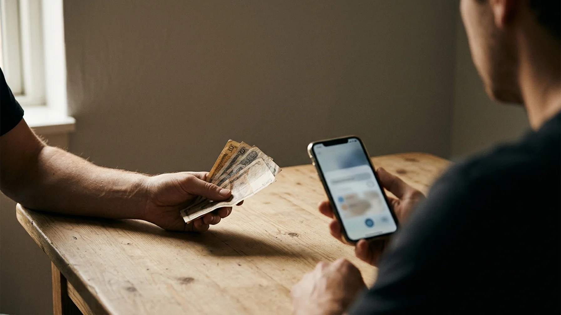 Two hands across a table exchanging banknotes and a phone showing a transfer screen, warm indoor light